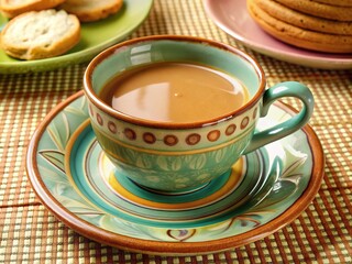 Fototapeta premium Enjoying a comforting cup of coffee on a colorful saucer surrounded by delightful baked treats