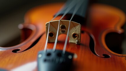 Fototapeta premium Close-up of a violin’s strings, bridge, and finely polished wooden body. The warm tones of the wood contrast with the cool metallic sheen of the strings