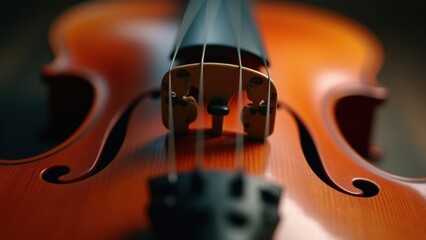 Fototapeta premium Close-up of a violin’s strings, bridge, and finely polished wooden body. The warm tones of the wood contrast with the cool metallic sheen of the strings