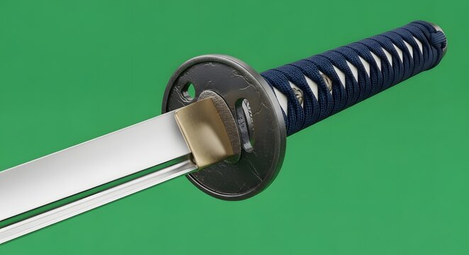 Close-up of the hilt and blade of a Japanese sword on a plain green background