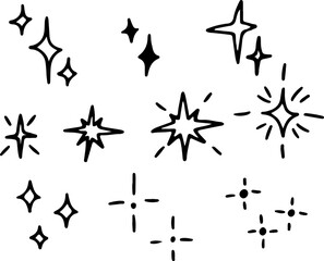 Vector doodle stars with shine and sparkling glitter lines. Hand-drawn glowing star sketches. Drawn with black curved lines in grunge style