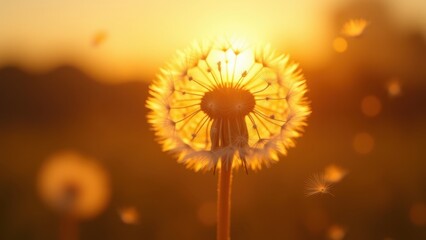 Delicate dandelion seeds floating against a golden sunset. Each seed’s fine filaments catch the light, softly blurred natural landscape in the background.