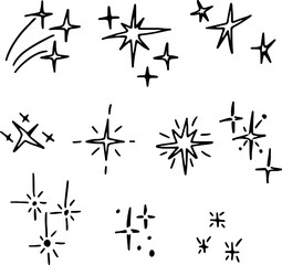 Glittery line stars glowing brightly in hand-drawn doodle style. Vector illustration with sparkling effects. Drawn with black curved lines in grunge style