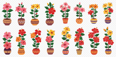 Illustration of hibiscus flowers in pots, various colors and designs, arranged in two rows.