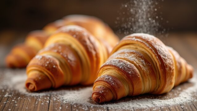 Close-up of a golden-brown, flaky croissant on a rustic wooden table. A small dusting of flour is captured mid-air, adding movement to the image.