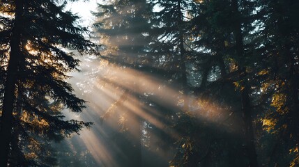 Captivating sunlight streams illuminate a tranquil forest scene, filtering through tall, dark evergreen trees, creating a serene and atmospheric landscape with a sense of mystery and natural beauty,.