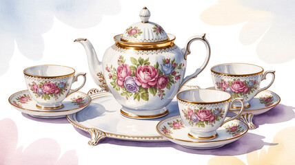 A detailed watercolor illustration of an elegant vintage tea set against a white background.