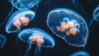 Glowing translucent jellyfish with orange centers in dark water