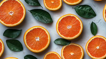 Freshly sliced oranges and green leaves create a vibrant pattern on a light surface.