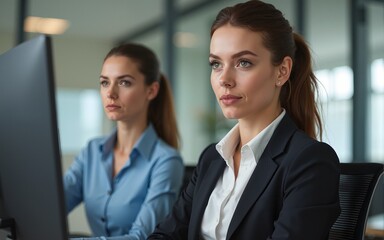Two business workers woman with serious expression working at the office. High quality