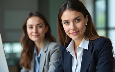 Two business workers woman with serious expression working at the office. High quality
