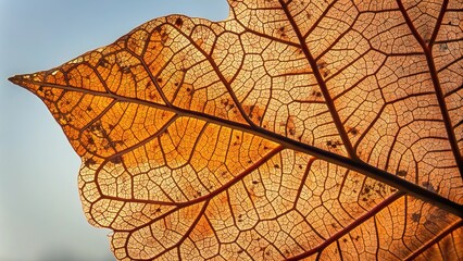 Obraz premium Autumn skeleton leaf reveals intricate lace patterns in warm sunlight