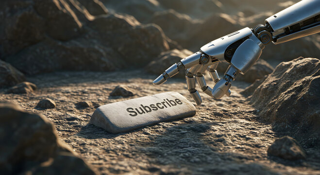 Robotic hand pointing a metallic finger at a Subscribe button placed on dry, rocky, textured ground surrounded by boulders - Powered by Adobe