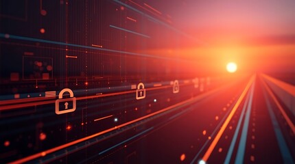 Digital data highway with glowing lines and security padlocks at sunset, representing secure information flow and cybersecurity.