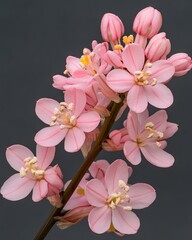 Delicate pink flowers bloom on a brown stalk