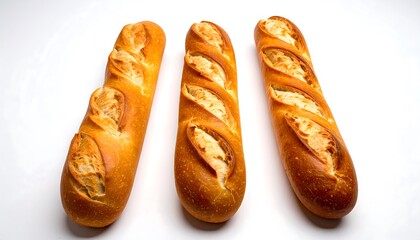 Three golden baguettes against white