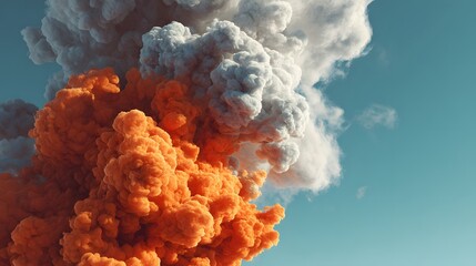 This image showcases a striking visual of abstract, swirling cloud formations presented in a gradient of vibrant colors, with bold orange hues contrasted against soft, muted grey and white tones,