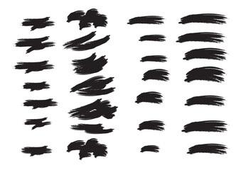 Large collection of black grunge brush strokes and paint splatters vector set for artistic texture, accents, and abstract backgrounds