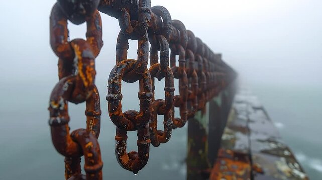 Rusty metal chains against foggy backdrop abstract industrial texture