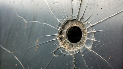 Bullet hole in metal sheet reveals damage and impact at a shooting range