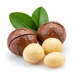 Three macadamia nuts with leaves