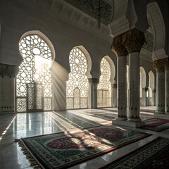 quiet mosque interior sunbeams through patterned