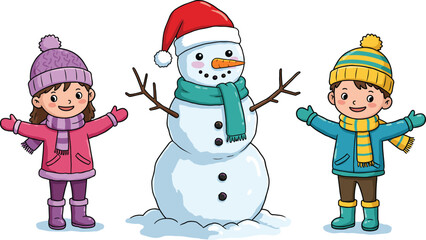 Cute children standing beside snowman, winter holiday fun activity, cartoon boy and girl in snow, Christmas season outdoor play illustration