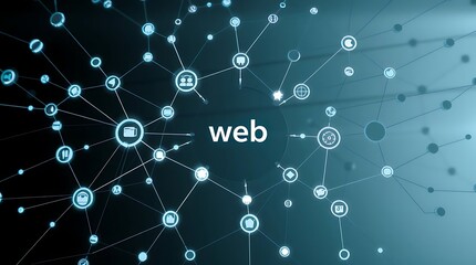 Futuristic visualization of a global network with the word web at the center, representing the internet and digital connections.