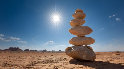 Balanced stones are stacked to create a serene image against the bright sun and clear blue sky in a barren desert landscape, evoking a sense of tranquility and harmony.