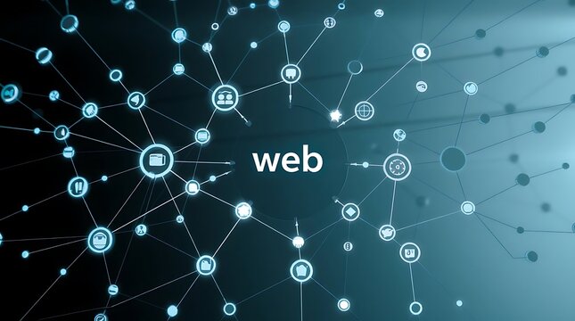 Futuristic visualization of a global network with the word web at the center, representing the internet and digital connections.