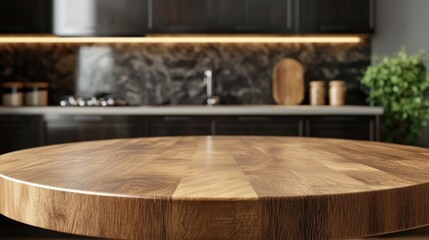 Close-up of a smooth, round wooden table top in front of a modern kitchen