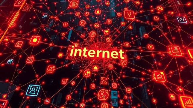 Abstract digital network visualization with glowing red connections and the word 'internet' at its core, representing global data flow and connectivity. - Powered by Adobe