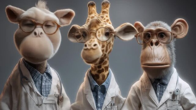 Three anthropomorphic animals (giraffe and two primates) wearing glasses, lab coats, and stethoscopes, likely medical professionals