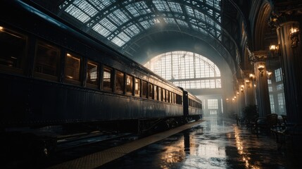 A vintage train sits at a stunning train station, with sunlight streaming through large windows, creating a magical atmosphere in the spacious hall.