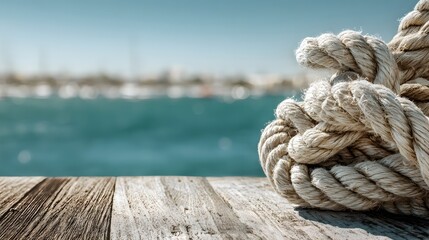 Fototapeta premium perspective showcases a thick, coiled rope on a weathered wooden surface, alongside a blurred background depicting a serene turquoise ocean under a clear blue sky on a bright, sunny day, creating a...