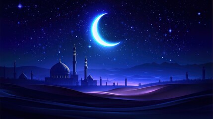 Naklejka premium Night scene of a desert city with a mosque and crescent moon
