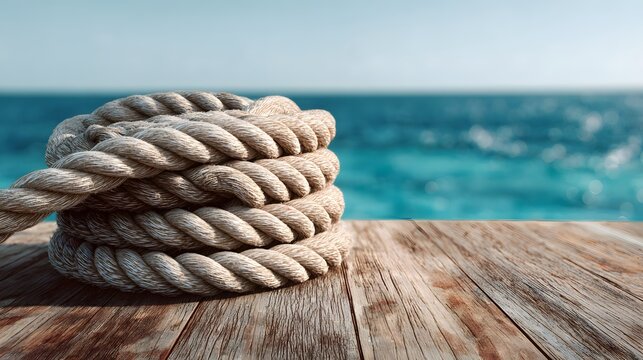 Coiled nautical rope rests on weathered wooden planks, conveying a sense of tranquility and travel, against the backdrop of a bright turquoise ocean and a clear blue sky, evoking a sense of summer...