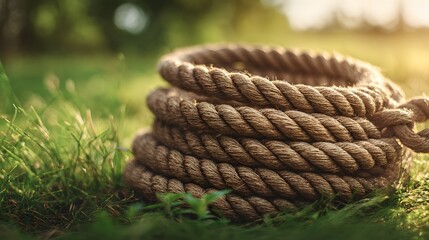 Fototapeta premium A coiled rope rests on a bed of lush green grass, bathed in warm sunlight filtering through a blurred natural background, creating a serene and textured outdoor scene that conveys a sense of rugged...