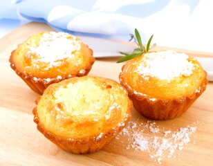 Three golden muffins dusted with powdered sugar