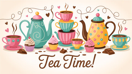 Naklejka premium A whimsical illustration of a tea party scene with multiple teapots and cups arranged horizontally across the imag