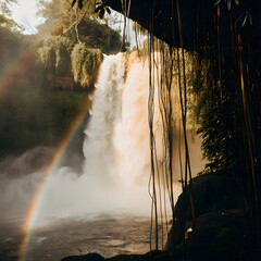 rainforest waterfall with mist and rainbow effect