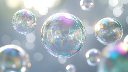 Many iridescent soap bubbles, sunlight reflections