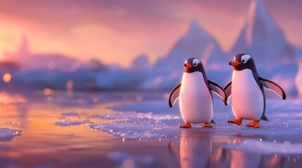 Two cartoon penguins walk hand-in-hand on ice at sunset.  A serene, colorful scene