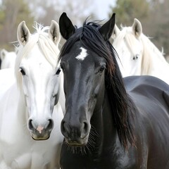 Three horses, two white and one black, close-up