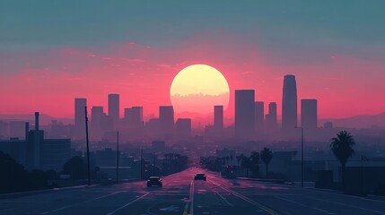 Sunset over a city, vibrant colors, highway
