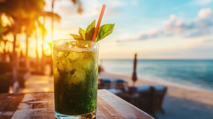 Refreshing cocktail at sunset beach bar