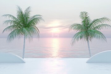 Sea view with palms at sunset from a minimal balcony