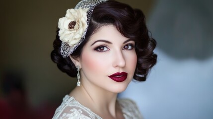 Close-up of a woman with vintage-inspired hairstyle and makeup.  A cream flower and burgundy lipstick add to the retro look