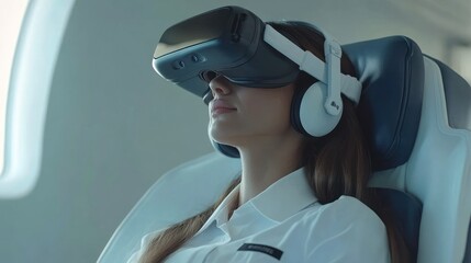 Woman wearing VR headset on airplane