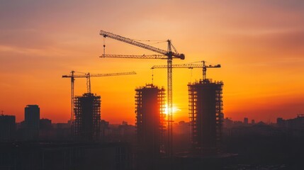 City construction at sunset. Silhouettes of cranes and skyscrapers against a fiery orange sky